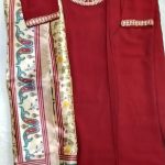 Maroon three piece set with embroidery neck line